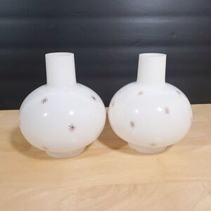 Pair of Milk Glass Atomic Star Pattern Gas Funnel Style Lamp Shades MCM Set 2